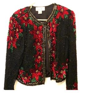 Vintage Beaded Poinsettia Petite Christmas Jacket